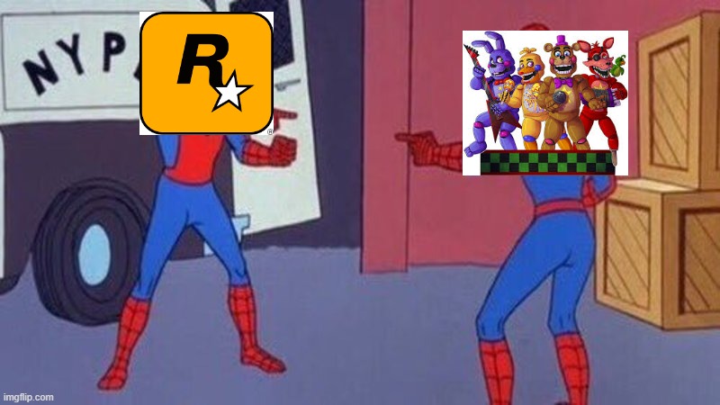 rockstar games or rockstar animatronics | image tagged in spiderman pointing at spiderman,fnaf,rockstar,gta | made w/ Imgflip meme maker