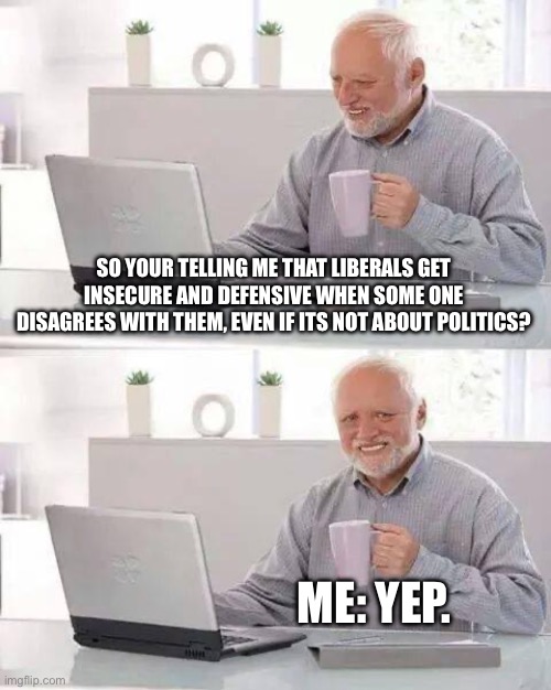 Liberal | SO YOUR TELLING ME THAT LIBERALS GET INSECURE AND DEFENSIVE WHEN SOME ONE DISAGREES WITH THEM, EVEN IF ITS NOT ABOUT POLITICS? ME: YEP. | image tagged in memes,hide the pain harold | made w/ Imgflip meme maker