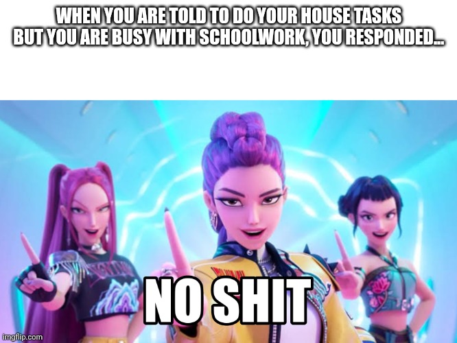 some kind of meme-ry | WHEN YOU ARE TOLD TO DO YOUR HOUSE TASKS BUT YOU ARE BUSY WITH SCHOOLWORK, YOU RESPONDED... | image tagged in no sh | made w/ Imgflip meme maker
