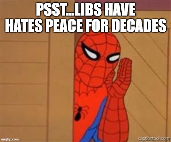 psst spiderman | PSST...LIBS HAVE HATES PEACE FOR DECADES | image tagged in psst spiderman | made w/ Imgflip meme maker