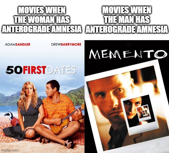 Movies when | MOVIES WHEN THE WOMAN HAS ANTEROGRADE AMNESIA; MOVIES WHEN THE MAN HAS ANTEROGRADE AMNESIA | image tagged in blank white template | made w/ Imgflip meme maker