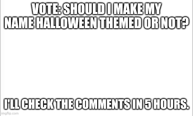 i don't know what to put here | VOTE: SHOULD I MAKE MY NAME HALLOWEEN THEMED OR NOT? I'LL CHECK THE COMMENTS IN 5 HOURS. | image tagged in white background | made w/ Imgflip meme maker
