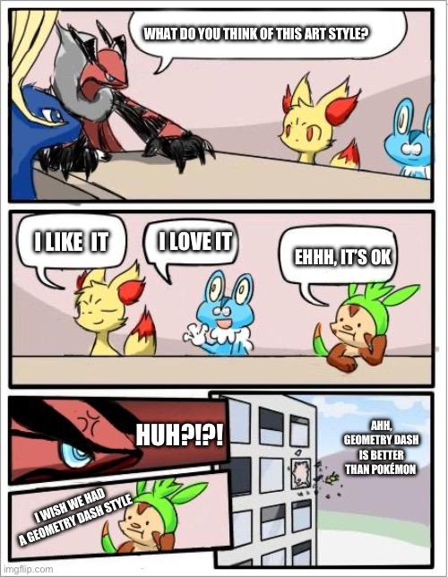 Pokedash collar lolololol | WHAT DO YOU THINK OF THIS ART STYLE? I LIKE  IT; I LOVE IT; EHHH, IT’S OK; HUH?!?! AHH, GEOMETRY DASH IS BETTER THAN POKÉMON; I WISH WE HAD A GEOMETRY DASH STYLE | image tagged in pokemon board meeting | made w/ Imgflip meme maker