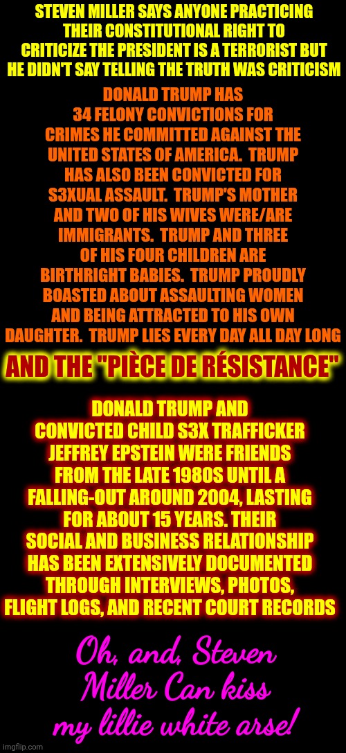 Bet He Weighs A Buck Fifty Soaking Wet | STEVEN MILLER SAYS ANYONE PRACTICING THEIR CONSTITUTIONAL RIGHT TO CRITICIZE THE PRESIDENT IS A TERRORIST BUT HE DIDN'T SAY TELLING THE TRUTH WAS CRITICISM; DONALD TRUMP HAS 34 FELONY CONVICTIONS FOR CRIMES HE COMMITTED AGAINST THE UNITED STATES OF AMERICA.  TRUMP HAS ALSO BEEN CONVICTED FOR S3XUAL ASSAULT.  TRUMP'S MOTHER AND TWO OF HIS WIVES WERE/ARE IMMIGRANTS.  TRUMP AND THREE OF HIS FOUR CHILDREN ARE BIRTHRIGHT BABIES.  TRUMP PROUDLY BOASTED ABOUT ASSAULTING WOMEN AND BEING ATTRACTED TO HIS OWN DAUGHTER.  TRUMP LIES EVERY DAY ALL DAY LONG; DONALD TRUMP AND CONVICTED CHILD S3X TRAFFICKER JEFFREY EPSTEIN WERE FRIENDS FROM THE LATE 1980S UNTIL A FALLING-OUT AROUND 2004, LASTING FOR ABOUT 15 YEARS. THEIR SOCIAL AND BUSINESS RELATIONSHIP HAS BEEN EXTENSIVELY DOCUMENTED THROUGH INTERVIEWS, PHOTOS, FLIGHT LOGS, AND RECENT COURT RECORDS; AND THE "PIÈCE DE RÉSISTANCE"; Oh, and, Steven Miller Can kiss my lillie white arse! | image tagged in memes,civil rights,bill of rights,constitutional rights,maga,nazis | made w/ Imgflip meme maker