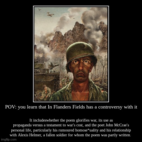 In Flanders Fields controversy | POV: you learn that In Flanders Fields has a controversy with it | It includeswhether the poem glorifies war, its use as propaganda versus a | image tagged in funny,demotivationals | made w/ Imgflip demotivational maker