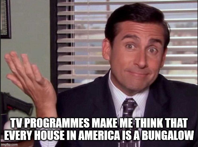 Michael Scott | TV PROGRAMMES MAKE ME THINK THAT EVERY HOUSE IN AMERICA IS A BUNGALOW | image tagged in michael scott | made w/ Imgflip meme maker