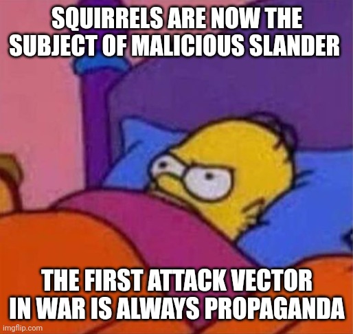 angry homer simpson in bed | SQUIRRELS ARE NOW THE SUBJECT OF MALICIOUS SLANDER THE FIRST ATTACK VECTOR IN WAR IS ALWAYS PROPAGANDA | image tagged in angry homer simpson in bed | made w/ Imgflip meme maker