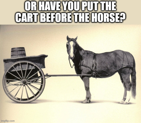 Cart before horse | OR HAVE YOU PUT THE CART BEFORE THE HORSE? | image tagged in cart before horse | made w/ Imgflip meme maker