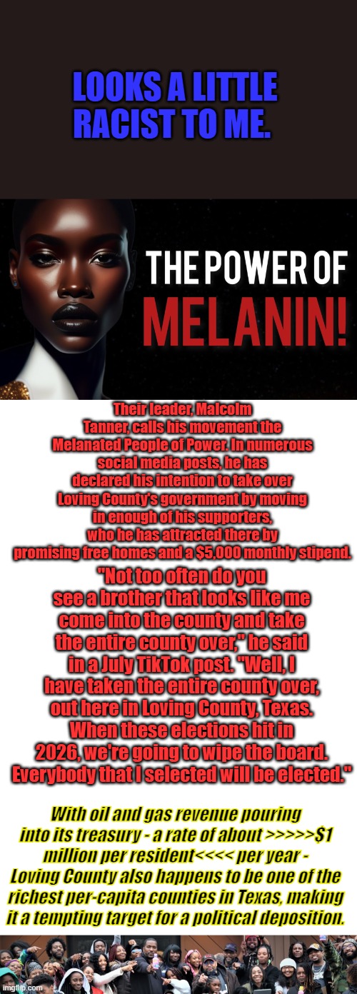 DR. Tanner of what. SCAM ? Let a white person try this see what MSM would do to them. | LOOKS A LITTLE RACIST TO ME. Their leader, Malcolm Tanner, calls his movement the Melanated People of Power. In numerous social media posts, he has declared his intention to take over Loving County's government by moving in enough of his supporters, who he has attracted there by promising free homes and a $5,000 monthly stipend. "Not too often do you see a brother that looks like me come into the county and take the entire county over," he said in a July TikTok post. "Well, I have taken the entire county over, out here in Loving County, Texas. When these elections hit in 2026, we're going to wipe the board. Everybody that I selected will be elected."; With oil and gas revenue pouring into its treasury - a rate of about >>>>>$1 million per resident<<<< per year - Loving County also happens to be one of the richest per-capita counties in Texas, making it a tempting target for a political deposition. | image tagged in blank white template | made w/ Imgflip meme maker