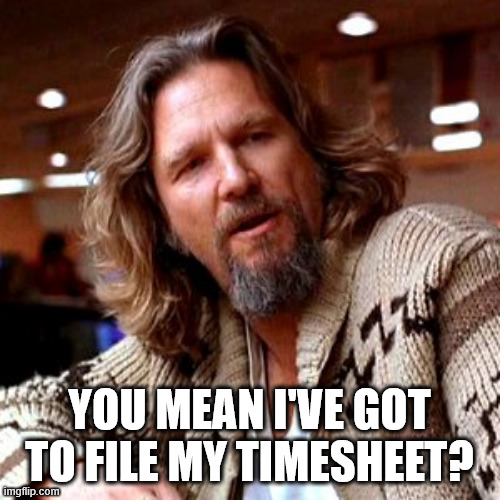 Confused Lebowski Meme | YOU MEAN I'VE GOT TO FILE MY TIMESHEET? | image tagged in memes,confused lebowski | made w/ Imgflip meme maker