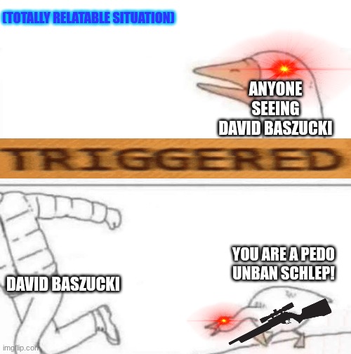 Goose Chase | (TOTALLY RELATABLE SITUATION); ANYONE SEEING DAVID BASZUCKI; DAVID BASZUCKI; YOU ARE A PEDO UNBAN SCHLEP! | image tagged in goose chase | made w/ Imgflip meme maker