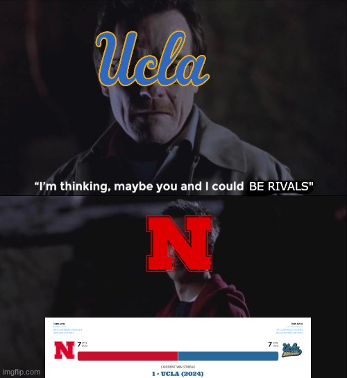Nebraska UCLA meme | BE RIVALS" | image tagged in memes,college football,nfl memes,rivalry,funny,sports | made w/ Imgflip meme maker
