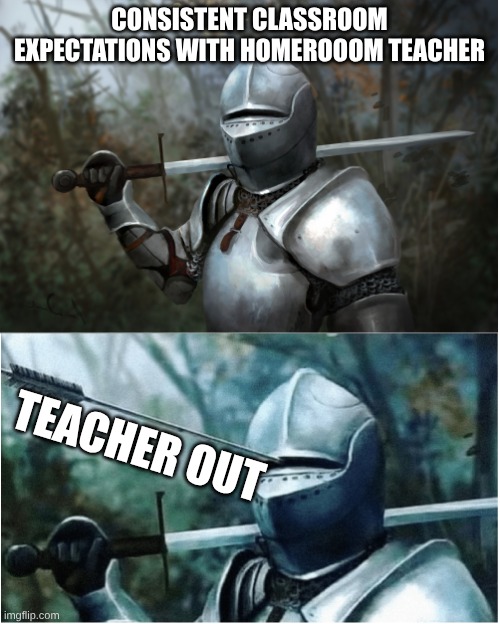 Sub Day in class | CONSISTENT CLASSROOM EXPECTATIONS WITH HOMEROOOM TEACHER; TEACHER OUT | image tagged in knight with arrow in helmet | made w/ Imgflip meme maker
