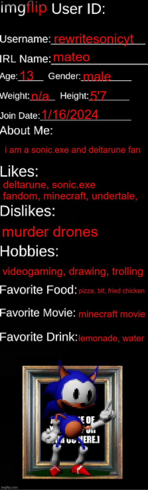 imgflip ID Card | rewritesonicyt; mateo; 13; male; n/a; 5'7; 1/16/2024; i am a sonic.exe and deltarune fan; deltarune, sonic.exe fandom, minecraft, undertale, murder drones; videogaming, drawing, trolling; pizza, blt, fried chicken; minecraft movie; lemonade, water | image tagged in imgflip id card | made w/ Imgflip meme maker