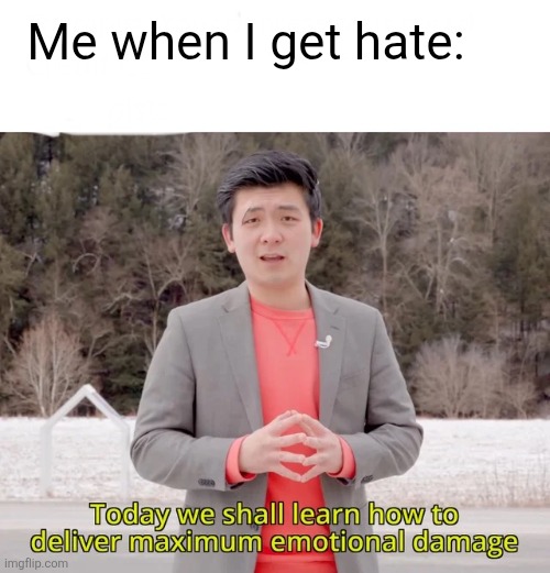Today we will learn how to deal maximum emotional damage | Me when I get hate: | image tagged in today we will learn how to deal maximum emotional damage | made w/ Imgflip meme maker