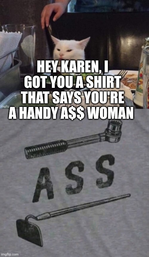 HEY KAREN, I GOT YOU A SHIRT THAT SAYS YOU'RE A HANDY A$$ WOMAN | image tagged in smudge that darn cat | made w/ Imgflip meme maker