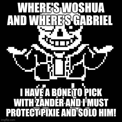 sans undertale | WHERE'S WOSHUA AND WHERE'S GABRIEL; I HAVE A BONE TO PICK WITH ZANDER AND I MUST PROTECT PIXIE AND SOLO HIM! | image tagged in sans undertale | made w/ Imgflip meme maker