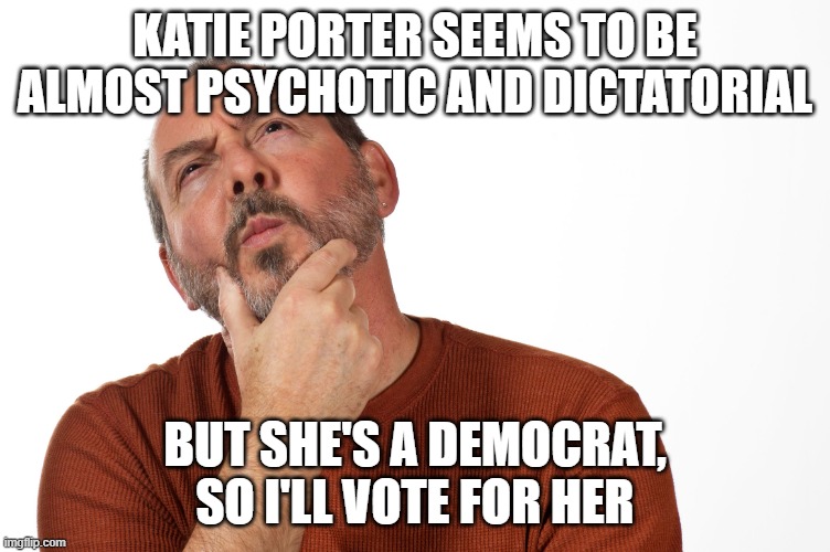 Californians be like | KATIE PORTER SEEMS TO BE ALMOST PSYCHOTIC AND DICTATORIAL; BUT SHE'S A DEMOCRAT, SO I'LL VOTE FOR HER | image tagged in man deciding thinking | made w/ Imgflip meme maker