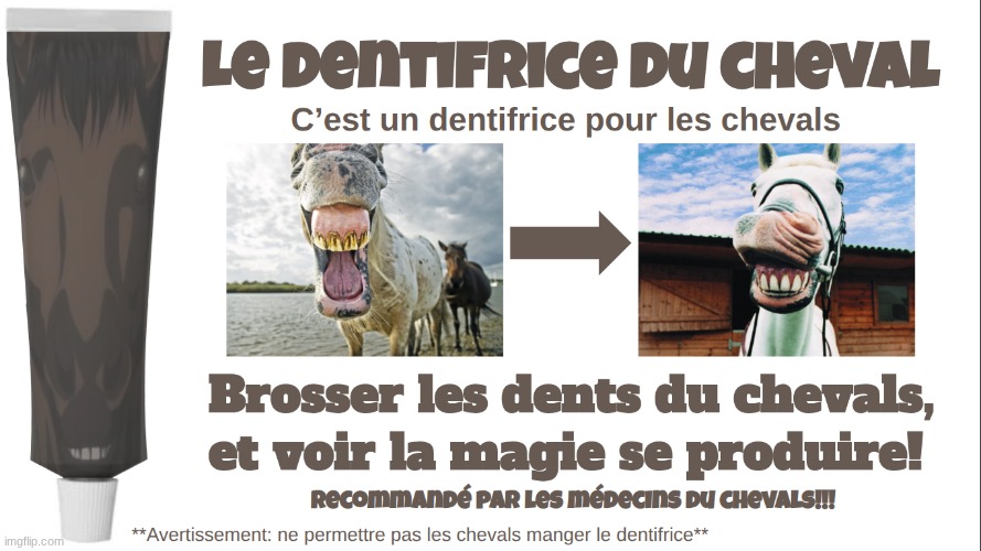 We had to make a commercial for French class and I was bored so I made one for horse toothpaste | made w/ Imgflip meme maker