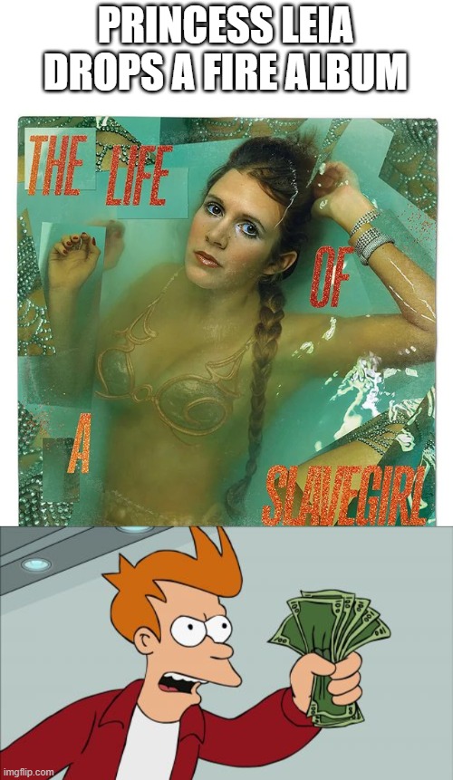 Leia's New Album | PRINCESS LEIA DROPS A FIRE ALBUM | image tagged in memes,shut up and take my money fry | made w/ Imgflip meme maker