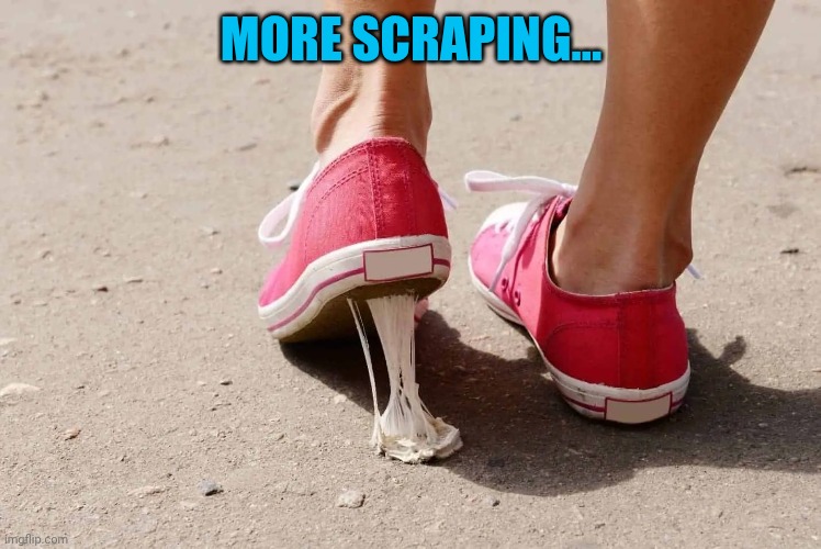 Gum stuck on shoe | MORE SCRAPING... | image tagged in gum stuck on shoe | made w/ Imgflip meme maker