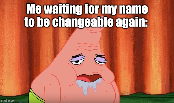 Me after having to think for longer than 3 seconds: | Me waiting for my name to be changeable again: | image tagged in slobber drool patrick | made w/ Imgflip meme maker