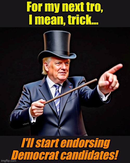 The Libtard implosions will just be gravy. | For my next tro, I mean, trick... I'll start endorsing Democrat candidates! | made w/ Imgflip meme maker