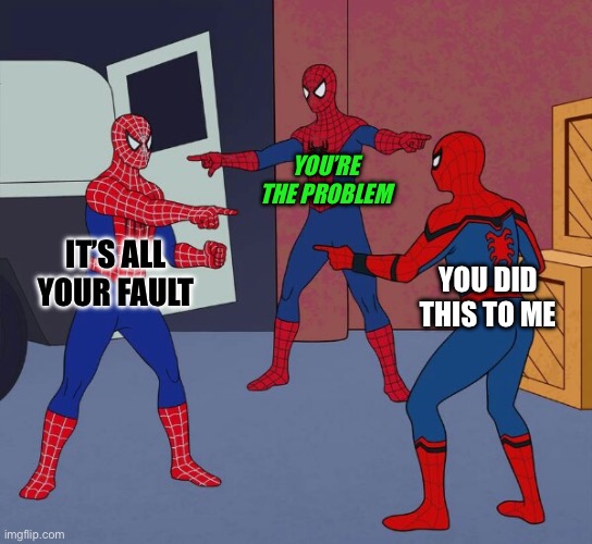 Nothing changes until you do | YOU’RE THE PROBLEM; IT’S ALL YOUR FAULT; YOU DID THIS TO ME | image tagged in spider man triple | made w/ Imgflip meme maker