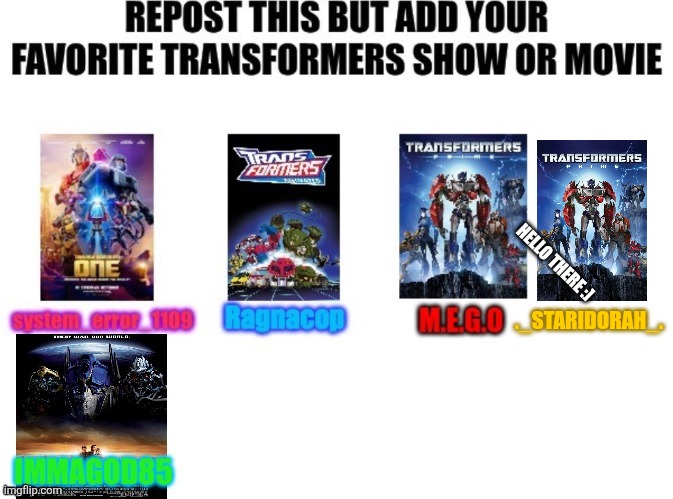 M.E.G.O ayyyyy twinnnn | HELLO THERE :]; ._STARIDORAH_. | image tagged in transformers | made w/ Imgflip meme maker