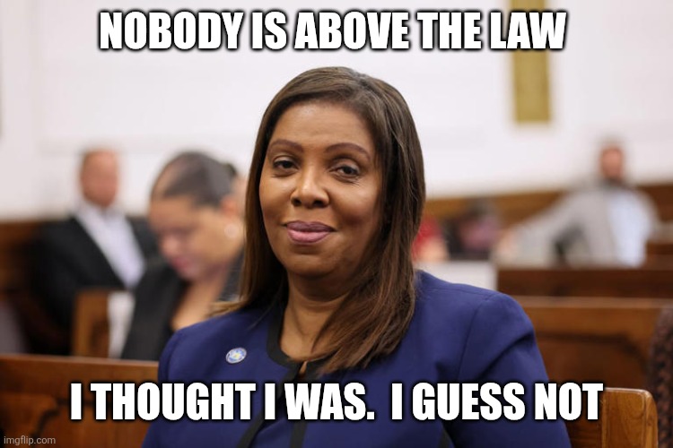 Nobody is above the law | NOBODY IS ABOVE THE LAW; I THOUGHT I WAS.  I GUESS NOT | image tagged in leticia james,funny memes | made w/ Imgflip meme maker