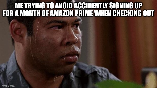 Like bruh i know right?!??? | ME TRYING TO AVOID ACCIDENTLY SIGNING UP FOR A MONTH OF AMAZON PRIME WHEN CHECKING OUT | image tagged in nervous,funny memes,funny,dank memes | made w/ Imgflip meme maker