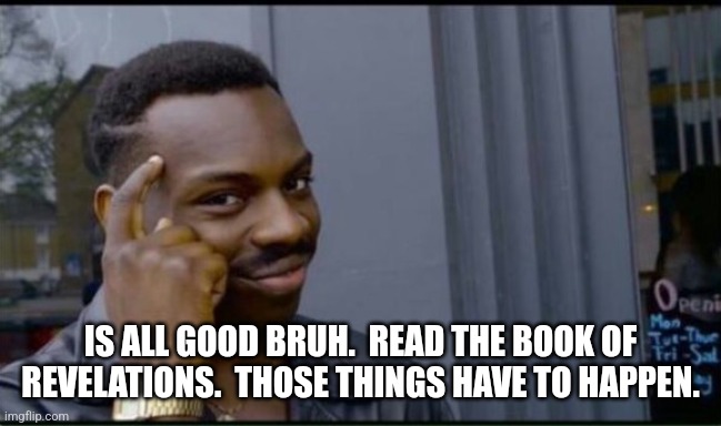 Thinking Black Man | IS ALL GOOD BRUH.  READ THE BOOK OF REVELATIONS.  THOSE THINGS HAVE TO HAPPEN. | image tagged in thinking black man | made w/ Imgflip meme maker