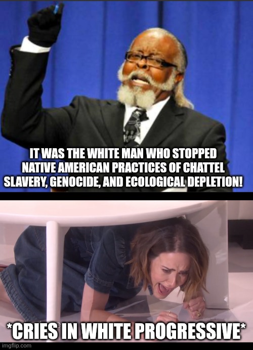 The ignorance is too damned high | IT WAS THE WHITE MAN WHO STOPPED NATIVE AMERICAN PRACTICES OF CHATTEL SLAVERY, GENOCIDE, AND ECOLOGICAL DEPLETION! *CRIES IN WHITE PROGRESSIVE* | image tagged in screams in,too damn high | made w/ Imgflip meme maker