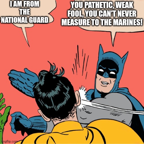 Batman Robin | I AM FROM THE NATIONAL GUARD YOU PATHETIC, WEAK FOOL, YOU CAN'T NEVER MEASURE TO THE MARINES! | image tagged in batman robin | made w/ Imgflip meme maker