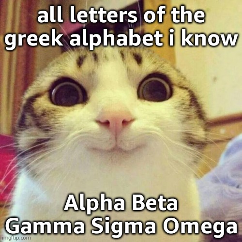have fun with this info | all letters of the greek alphabet i know; Alpha Beta Gamma Sigma Omega | image tagged in memes,smiling cat | made w/ Imgflip meme maker
