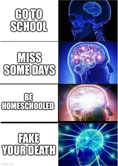 Expanding Brain | GO TO SCHOOL; MISS SOME DAYS; BE HOMESCHOOLED; FAKE YOUR DEATH | image tagged in memes,expanding brain | made w/ Imgflip meme maker