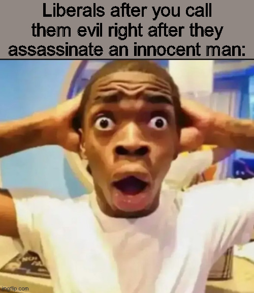 Surprised Black Guy | Liberals after you call them evil right after they assassinate an innocent man: | image tagged in surprised black guy | made w/ Imgflip meme maker