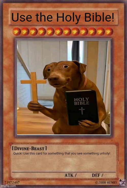 Use the Holy Bible | Use the Holy Bible! Quick! Use this card for something that you see something unholy! | image tagged in yugioh card | made w/ Imgflip meme maker