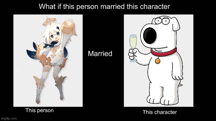 God I'm gonna get fubber-nucked by the comments | image tagged in what if character married this character,family guy,genshin impact,paimon,brian griffin | made w/ Imgflip meme maker