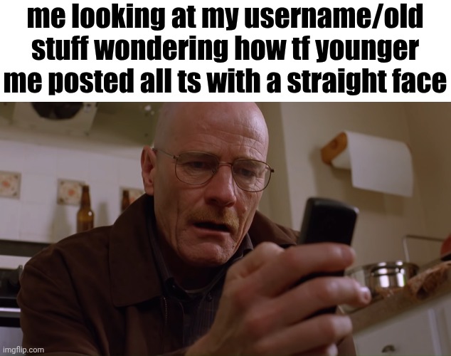 Ts might js be my last meme on this account... not that anyone cares since I haven't used this site for years- :P | me looking at my username/old stuff wondering how tf younger me posted all ts with a straight face | image tagged in walter white on his phone | made w/ Imgflip meme maker
