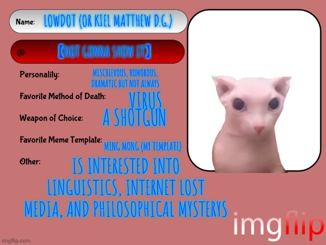 Unofficial MSMG USER CARD | LOWDOT (OR KIEL MATTHEW D.G.); 【NOT GONNA SHOW IT】; MISCHIEVOUS, HUMOROUS, DRAMATIC BUT NOT ALWAYS; VIRUS; A SHOTGUN; MING MONG (MY TEMPLATE); IS INTERESTED INTO LINGUISTICS, INTERNET LOST MEDIA, AND PHILOSOPHICAL MYSTERYS | image tagged in unofficial msmg user card | made w/ Imgflip meme maker