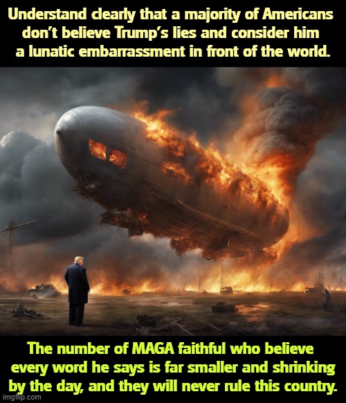 Understand clearly that a majority of Americans 
don't believe Trump's lies and consider him 
a lunatic embarrassment in front of the world. The number of MAGA faithful who believe 
every word he says is far smaller and shrinking by the day, and they will never rule this country. | image tagged in trump,liar,hindenburg,maga,failure | made w/ Imgflip meme maker