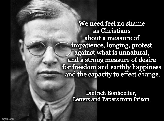 Bonhoeffer Protest | We need feel no shame 
as Christians 
about a measure of 
impatience, longing, protest 
against what is unnatural, 
and a strong measure of desire 
for freedom and earthly happiness 
and the capacity to effect change. Dietrich Bonhoeffer, 
Letters and Papers from Prison | image tagged in bonhoeffer protest,bonhoeffer letters from prison | made w/ Imgflip meme maker