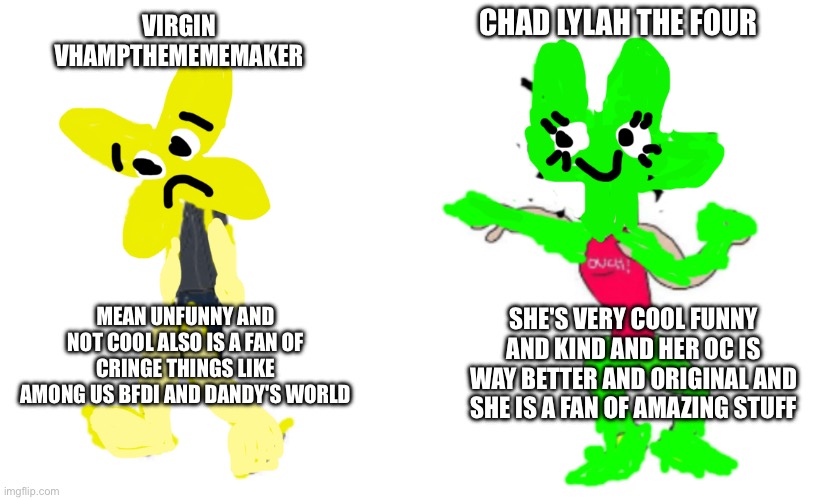 My Bully Vs Me | CHAD LYLAH THE FOUR; VIRGIN VHAMPTHEMEMEMAKER; MEAN UNFUNNY AND NOT COOL ALSO IS A FAN OF CRINGE THINGS LIKE AMONG US BFDI AND DANDY'S WORLD; SHE'S VERY COOL FUNNY AND KIND AND HER OC IS WAY BETTER AND ORIGINAL AND SHE IS A FAN OF AMAZING STUFF | image tagged in virgin vs chad,funny,memes,oc,drawing,art | made w/ Imgflip meme maker