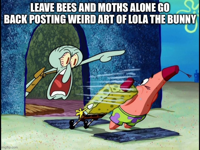 As Someone who Loves Bee's and Moths it's Sad how the only Attention they get is in the furry Fandom Who Ruins Things | LEAVE BEES AND MOTHS ALONE GO BACK POSTING WEIRD ART OF LOLA THE BUNNY | image tagged in squidward screaming,furry,anti furry,insects | made w/ Imgflip meme maker