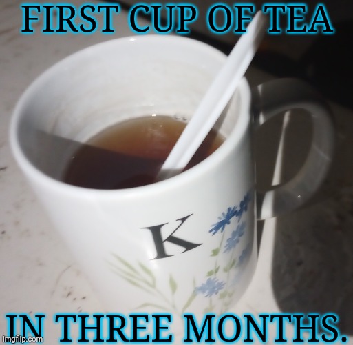 YAAAAYYYYY!!! XDD | FIRST CUP OF TEA; IN THREE MONTHS. | image tagged in tea,my love,its so good,found a mug with my initial,so i had to,i want to add etch to it so bad | made w/ Imgflip meme maker