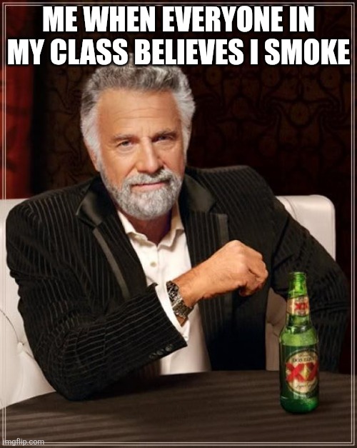 Me but cool | ME WHEN EVERYONE IN MY CLASS BELIEVES I SMOKE | image tagged in memes,the most interesting man in the world | made w/ Imgflip meme maker