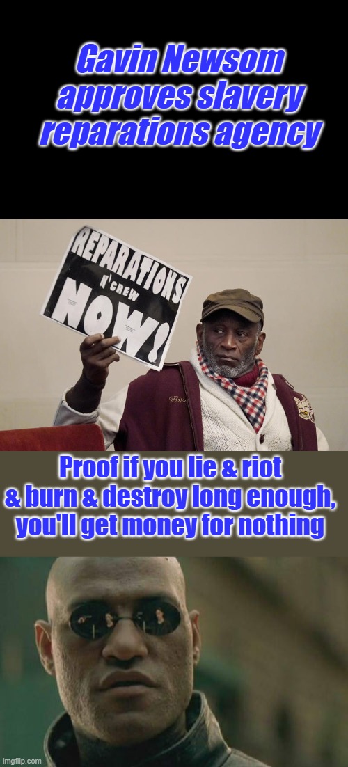 I never own a slave & have no responsibility for actions of people from 200 years ago. | Gavin Newsom approves slavery reparations agency; Proof if you lie & riot & burn & destroy long enough, you'll get money for nothing | image tagged in memes,matrix morpheus | made w/ Imgflip meme maker