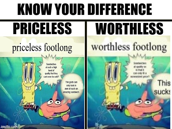priceless and worthl;ess footlongs | PRICELESS; WORTHLESS | image tagged in know your difference | made w/ Imgflip meme maker