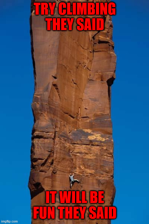 Just try it | TRY CLIMBING THEY SAID; IT WILL BE FUN THEY SAID | image tagged in climbing,climbing memes,lattice climbing,latticeclimbing,free climbing,meme | made w/ Imgflip meme maker